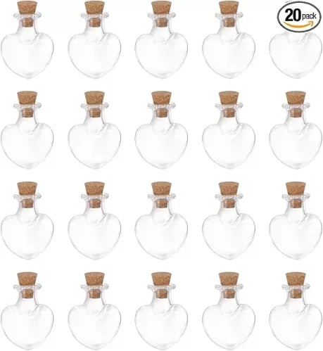 HARFINGTON 20pcs Mini Glass Bottles with Cork Stoppers Peach Heart Shaped Tiny Glass Jars Small Glass Vials Transparent Clear Wishing Bottles for DIY Art Crafts Party Decoration