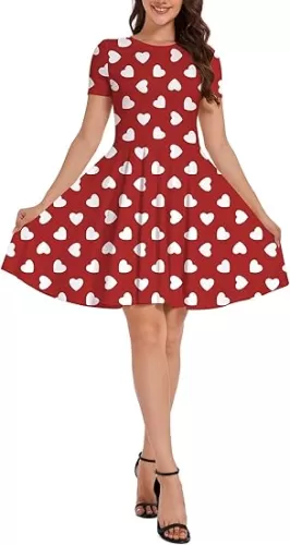 Heart Dress Women Valentines Love Day Outfits Short Sleeve Trendy Swing Dresses