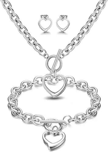 Heart Jewelry Set for Women Stainless Steel Heart Pendant Necklace Heart Stud Earrings Heart Love Charm Bracelet Silver Chunky Link Chain Heart Toggle Necklace Set