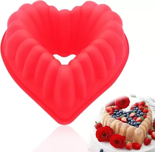 Heart Shaped Fluted Cake Pans, 8 Inch Nonstick Silicone Heart Flut Cake Pan, Heart Silicone Molds for Bundt Cake Baking Buntz Cakes, Fluted Cakes and Brownies for Valentines Day, Wedding (1pc, Red)