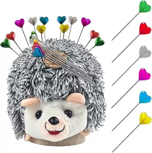 Hedgehog Shaped Pincushion Sewing Kit with Wooden Base ＆ Magnetic Pin Cushion, Include 30 Colored Heart Pins.