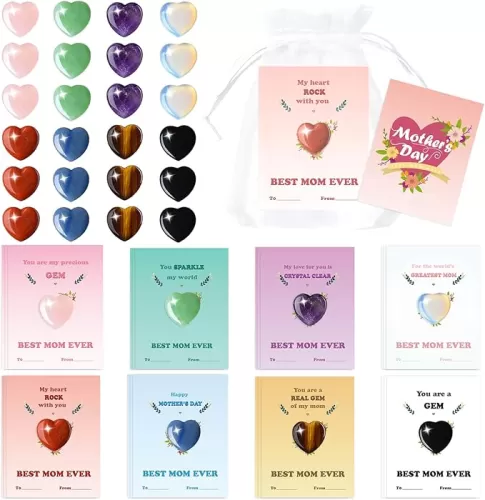 Hiawbon 24Pcs Mother's Day Cards with Heart Shaped Crystals Bulk, Heart Shaped Rocks Gemstones with Cards, Natural Gemstone Crystals Rocks Goodie Bags Bulk for Mother's Day Gift