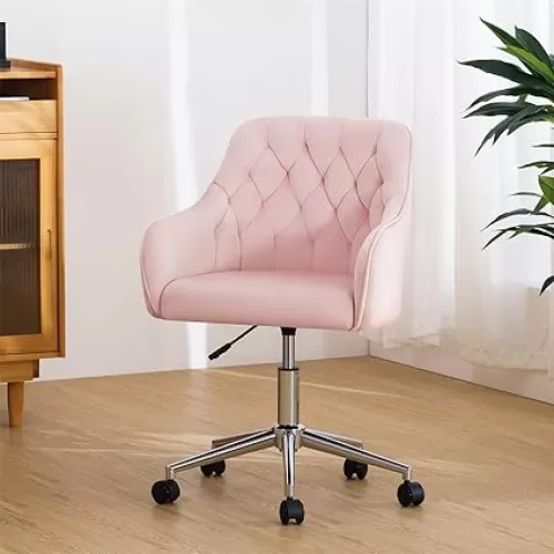 HOFFREE Velvet Office Chair Cute Vanity Chair with Wheels for Bedroom Upholstered Task Chair for Home Office Pink