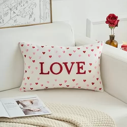 HOMFREEST Valentines Day Heart Love Pillow Covers 12x20 Inch Embroidered Small Red Pink Hearts Decorative Pillows Valentine White Cushion Case for Sofa Couch Home Bed