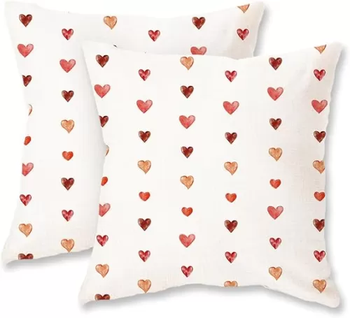 HOMFREEST Valentines Day Throw Pillow Covers 18x18 Inch Red Pink Mini Heart Pillows Farmhouse Romantic Patio Happy Valentine's Day Cushion Case for Sofa Couch Home Set of 2