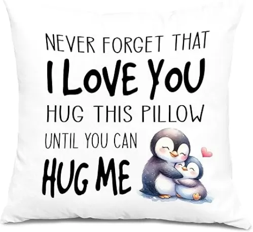 Hug This Pillow Until You Can Hug Me Pillow Covers 18x18, Cute Penguin Gifts, I Love You Gifts for Daughters Sons Kids from Dad Mom Parents, Christmas Birthday Graduation Gifts for Son Daughter