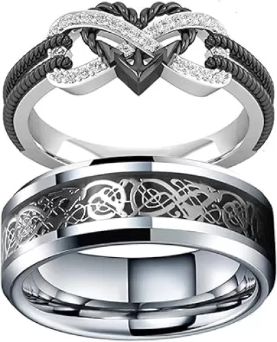 Infinite Love Heart Shaped Ring Set for Her and Him Silver Celtic Dragon Ring Matching Lover Couple Rings for Wedding Bands Anniversary Engagement Promise Rings Bridal Sets