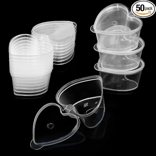 ISKYBOB 50Pcs Heart Shaped Jello Shot Cups with Lids, 1.5oz Love Disposable Condiment Containers, Plastic Heart Souffle Portion Cups, Salad Dressing Container To Go Bowls