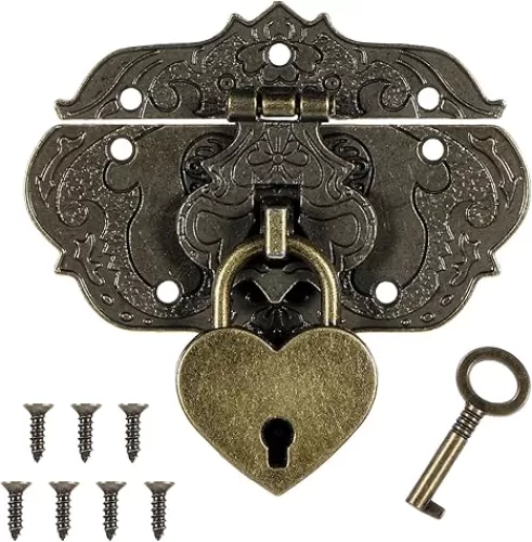 Jewelry Box Hinges and Latches with Key and Mounting Screws, Heart Lock Jewelry Box Lock Bronze Small Antique Embossing Latch Small Decorative Hinges for Craft Projects Jewelry Box Decorative Cabine