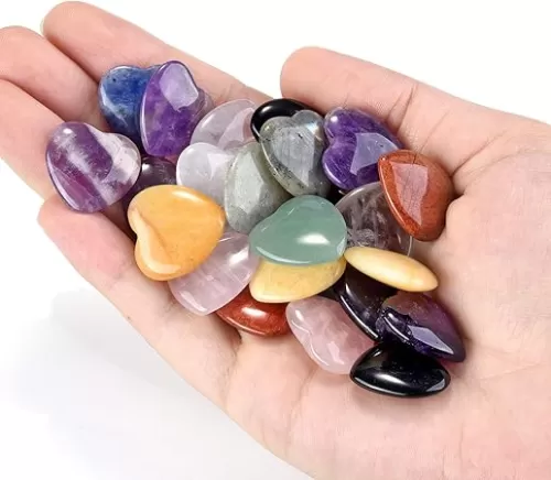 Jovivi 10PCS 0.8" Chakra Crystal Hearts Bulk Natural Gemstone Carved Amethyst Rose Quartz Tiger Eye Obsidian Heart Crystal Palm Worry Stone Reiki Meditation Gifts