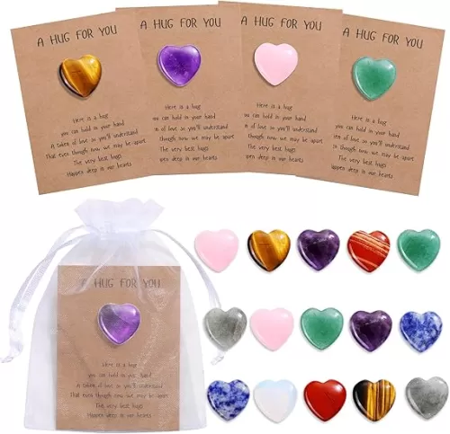 Jovivi 24pcs Natural Heart Crystals and Healing Stones Bulk with Cards Pocket Hug Token Love Heart Gemstone Inspiration Gifts