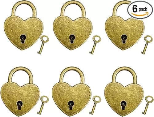 kathson Old Vintage Antique Style Heart Shaped Mini Archaize Padlocks Key Lock with Key (Lot of 6, Antique, Love)
