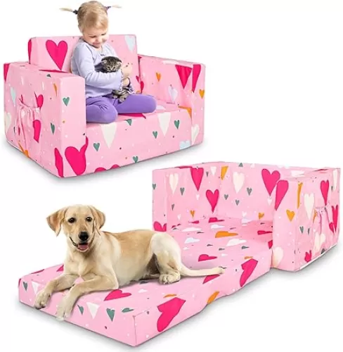 Kids Couch, 2-in-1 Kids Fold Out Sofa, Convertible Toddler Couch to Lounger for Girls and Boys, Soft Toddler Chairs Comfy 1-3 Years Old(Pink Heart)