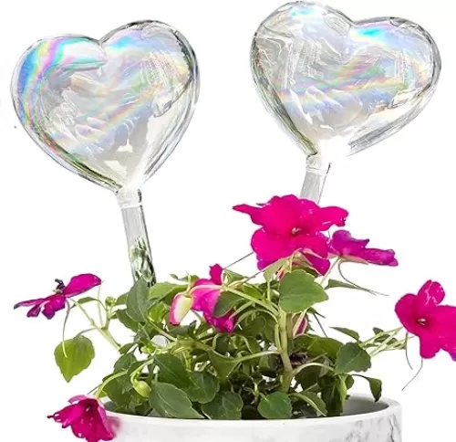 Kingbuy Self Watering Spikes Plant Watering Globes Iridescent Color Heart Shaped Glass Water Bulbs Devices for Plants, 2 Pack