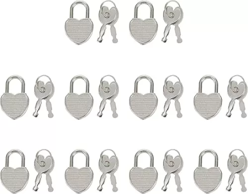 KUMGROT 10 Pcs Zinc Alloy Padlock Heart Shaped Padlock Mini Lock with Key Antique Embossed Pattern Couple Padlock, 1.18" x 0.75", for Jewelry Storage Box Luggage Diary Book (Silver)