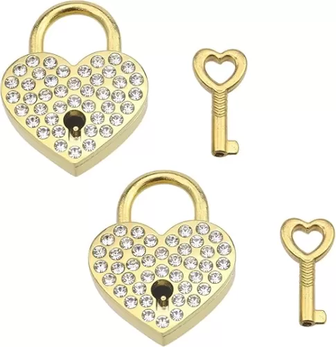 KUMGROT 2 Pcs Small Heart Shaped Lock Mini Locks with Keys Rhinestone Metal Lock Padlock for Jewelry Storage Box Luggage Diary Book, Gold