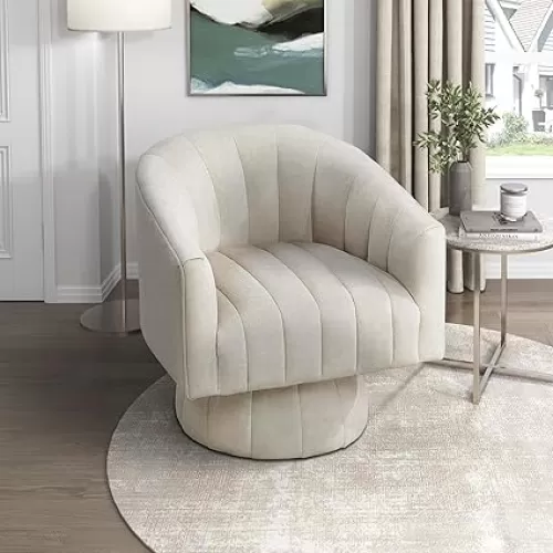 Lexicon Modern Swivel Accent Chair, Velvet Fabric Upholstered Swivel Lounge Chair with Rounded Base and Channel Stitching for Living Room/Bedroom/Office, Easy Assembly, Taupe