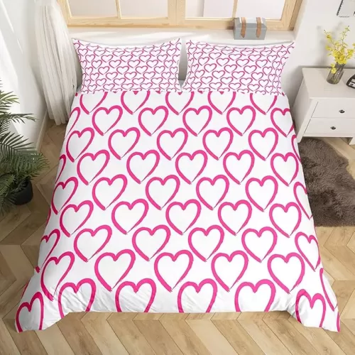 Love Duvet Cover Heart Shaped Bedding Sets, Antique Pink Lattice Plaid Comforter Cover Reversible Buffalo Checkered Geometry Grid Bed Set for Toddlers Kids Boys Girls Love Heart Room Decor Twin