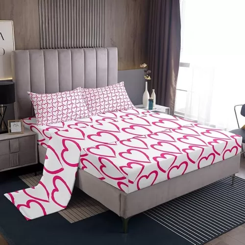 Love Sheet Set Heart Shaped Bed Sheets, Antique Pink Lattice Fitted Sheet Buffalo Plaid Geometric Grid Top Sheet for Women Men Girls Teens Love Heart Kawaii Room Decor Queen