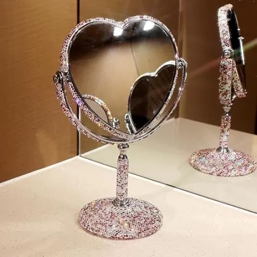 Luxury Bling Double-Sided Tabletop Makeup Mirror, Heart Shape Metal Makeup Mirror with 1:2 Magnifying Mirror, Rotating Mirror (Pink)