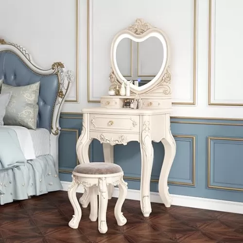 Makeup Vanity with LED 3-Color Touch Light Mirror, Makeup Desk with Cushioned Stool, White Makeup Vanity with Storage for Women (Color : Heart Shaped Mirror, Size : 60cm/23.6")