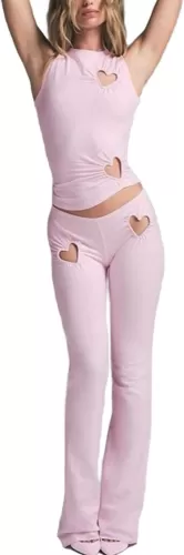 Mandonce Spring Outfits For Women Going Out Heart Shape Cut Out Sleeveless Round Neck Crop Top With Low Rise Slim Pants Sexy