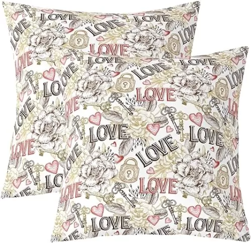 Manfei Retro Flower Pillow Cover, Romantic Red Love Heart Print Double Sides Print Throw Pillow Case Cover for Sofa Couch Chair, Valentine's Day 2 Pack Cushion Cover, 16"x16"
