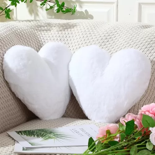 Marsui 2 Pcs Fluffy Heart Shaped Pillow Plush Cute Heart Shaped Throw Cushion Stuffed Decorative Gift Throw Pillow for Couch Bed Sofa Decoration Women(White, 11.81 x 11.02 Inch)