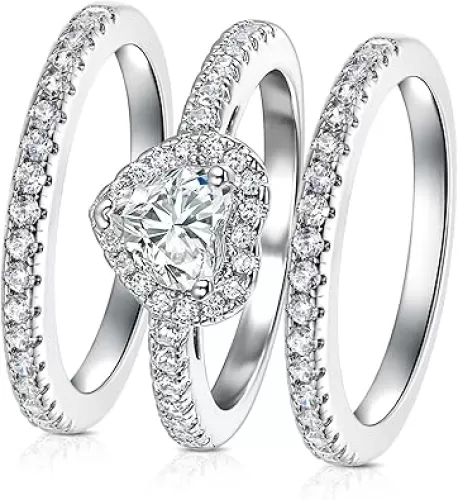 MDFUN Three-in-One Heart Halo Wedding Band Set Engagement Ring 18K White Gold Yellow Gold Plated Cubic Zirconia Promise Eternity Ring for Women Size 5-10