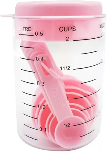Measuring Cup and Measuring Spoons Set Plastic Kitchen Baking Cooking Tools for Dry or Liquid Ingredients, 7 Pcs (Pink)