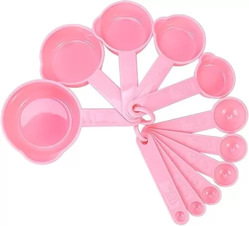 Measuring Cups and Spoons Set, 11 Pieces Plastic Measuring Cups and Spoons Set for Dry and Liquid Ingredients, Kids 5 Measuring Cups and 6 Measuring Spoons Set for Cooking & Baking Color Pink