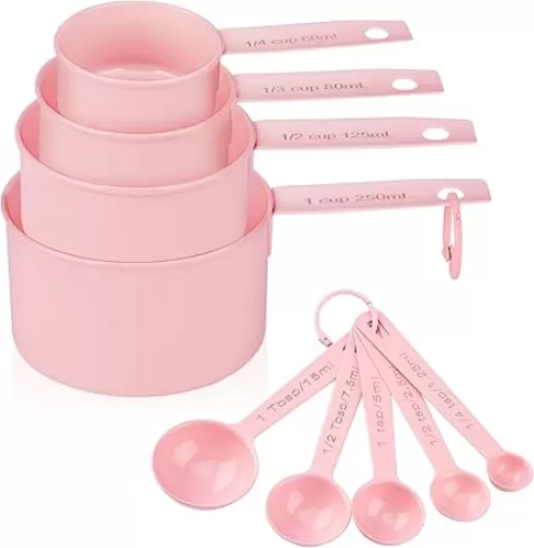 Measuring Cups and Spoons Set of 9, Stainless Steel Measuring cup for Cooking and Baking, Measuring spoons for Dry and Liquid Ingredients (Pink)