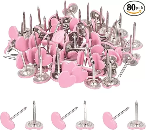 MECCANIXITY Upholstery Tacks for Furniture, 7/16 Inch (11 x 17mm) Metal Heart-Shaped Black Thumb Tacks for Wall Decorative Upholstery Nails DIY Project Home Decor (Pink, Pack of 80)