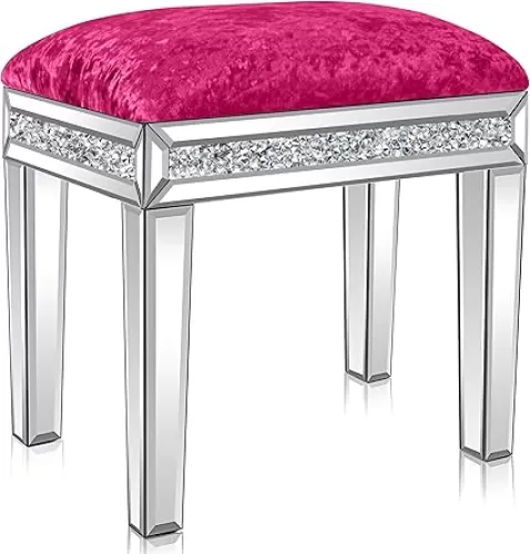 Mirrored Vanity Stool with Crushed Diamond, Hot Pink Vanity Chair Elegant Velvet Makeup Chair 18x14x20, for Bedroom Living Room Makeup Table Dresser Stool