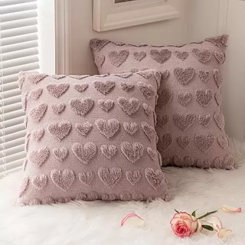 MIULEE Set of 2 Blush Pink Mothers Day Valentines Pillow Covers Heart Love Decorative Cute Throw Pillows 18x18 Inch Soft Plush Faux Wool Farmhouse for Spring Sofa Livingroom Bed