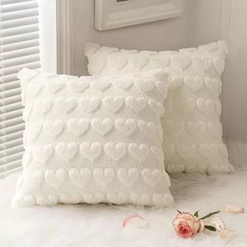 MIULEE Set of 2 Cream White Mothers Day Valentines Pillow Covers Heart Love Decorative Cute Throw Pillows 18x18 Inch Soft Plush Faux Wool Farmhouse or Spring Sofa Livingroom Bed