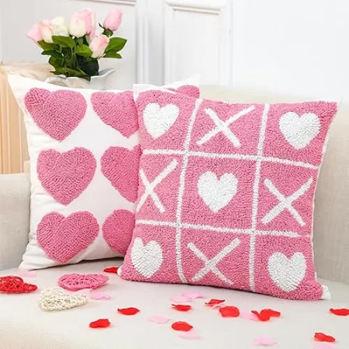 Mixweer 2 Pcs Valentine‘s Day Throw Pillow Covers with Hearts Decorative Pink Throw Pillow Covers for Holiday Couch Sofa Living Room Home Decor Couple Present Valentine Gift, 18 x 18 Inches