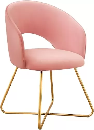 Modern Accent Chair Velvet Comfy Lounge Chairs for Bedroom, Upholstered Barrel Vanity Chair with Back, Mid Century Makeup Chair with Gold Legs (Pink)