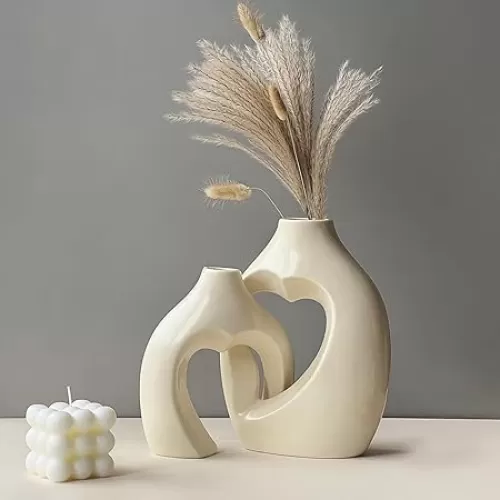 Modern Beige Ceramic Vase Set of 2 for Living Room Bedroom 8.27'' and 6.69'' Cream Minimalist Unique Creative Heart Shape Flower Vases for Home Decor Office Centerpieces Gift for Fake Plant