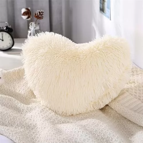 MOOWOO Fluffy Heart Pillow, Shaggy Plush Faux Fur and Sherpa, Cute Soft Throw Cushion, Valentines Day Decorative for Home Bed Couch Gift for Thanks Giving, Mothers Day - Creamy White, Heart Shaped