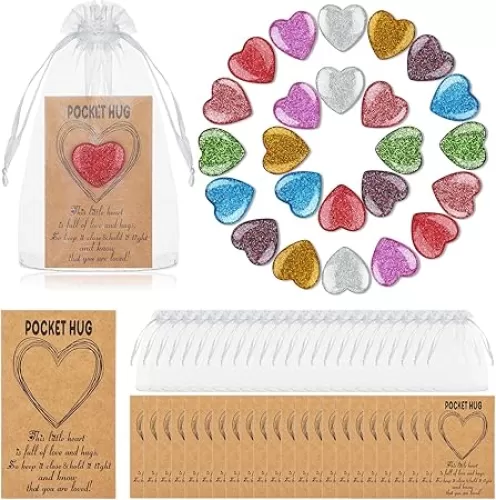 Motiskyy 24 Set Pocket Hug Token Bulk Heart Shape Stones with Hug Card Organza Bag Pocket Heart Stone Greeting Keepsake Exchange Relationship Card for Friend Family Colleague Celebration of Life