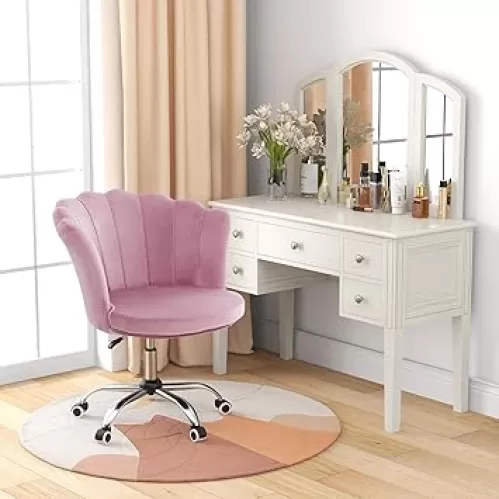 Nightcore Vanity Chair, Upholstered Cute Desk Chair, Swivel Height Adjustable Vanity Chair, Desk Chair Comfy, Shell Back Makeup Chair, Pink Desk Chair Cute w/Wheels for Girls Women