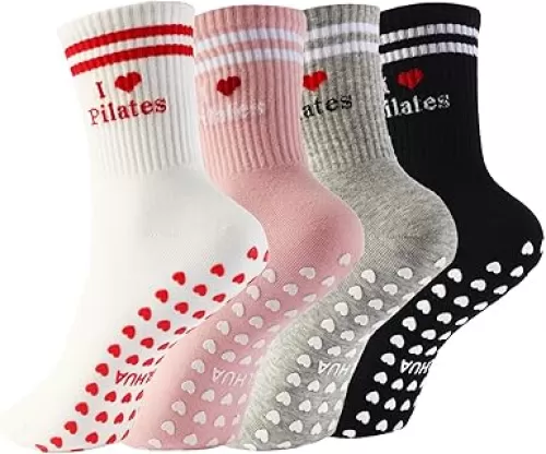 Non Slip Yoga Socks With Grips for Women, Heart-Shaped Anti Skid Pilates Sock for Barre Fitness Reformer Workout 4Pairs