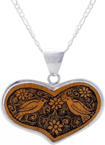 NOVICA Artisan Handmade .925 Sterling Silver Mate Gourd Heart Necklace Peruvian Shaped Pendant Bird Earthtone Toasted Almond Iced Coffee Animal Themed 'Lovebird Romance'