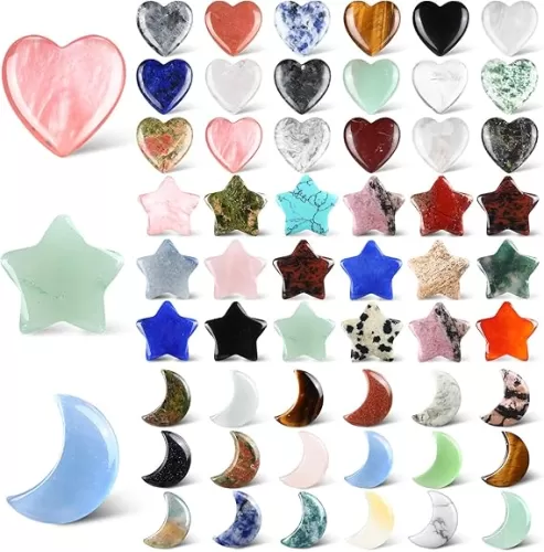 Nuenen 54 Pcs Worry Stones Bulk Heart Moon Star Natural Crystal Stone Tiny Healing Crystals Gemstones Assorted Thumb Quartz Crystal Rock for Mother's Gift Meditation Balancing(Vivid Color)