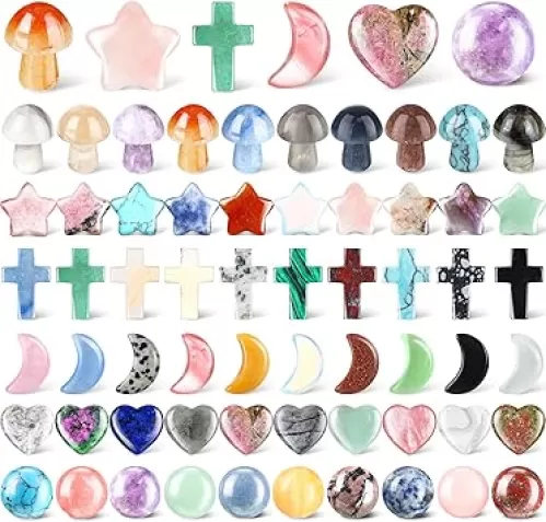 Nuenen 60 Pcs Worry Stones Bulk Heart Mushroom Cross Moon Star Round Shaped Healing Crystal Gemstone Pocket rocks for Balancing Meditation Easter Mother