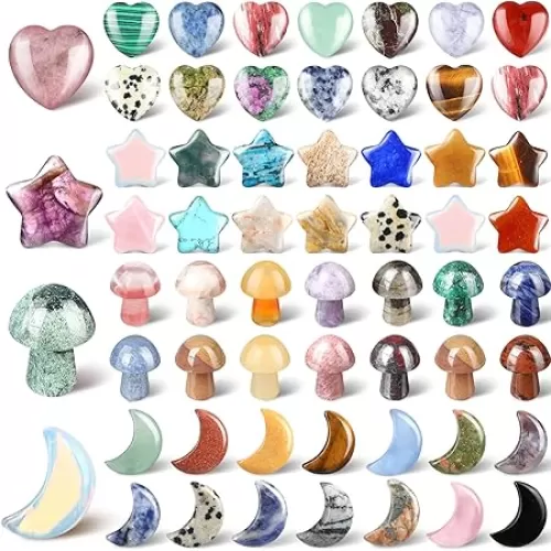 Nuenen 60 Pieces Crystal Mushroom Sculpture Heart Shaped Moon Star Crystals Stones Bulks Worry Stones Assorted Hand Making Palm Thumb Gemstones for Witchcraft Meditation Reiki(Classic Style)