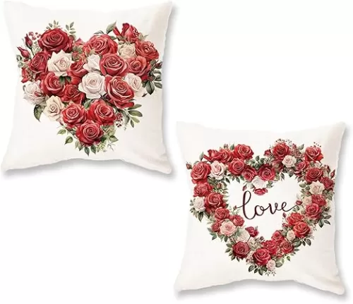 ONWAY Valentines Day Pillow Covers 18x18 Set of 2 Rose Heart Decorative Throw Pillows Love Valentine Patio Outdoor Cushion Cases for Sofa Couch Home Decorations