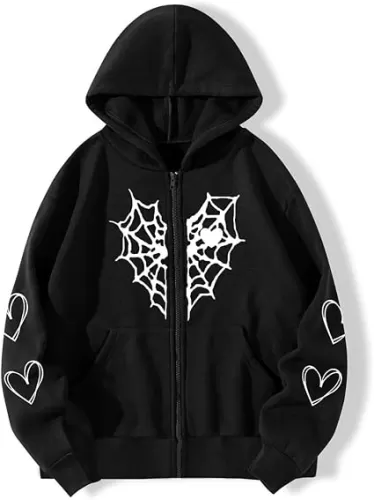 Oversized Y2K Zip Up Hoodie for Women Men Gothic Spider Web Heart Graphic Sweatshirt Punk Harajuku Alt Emo Streetwear