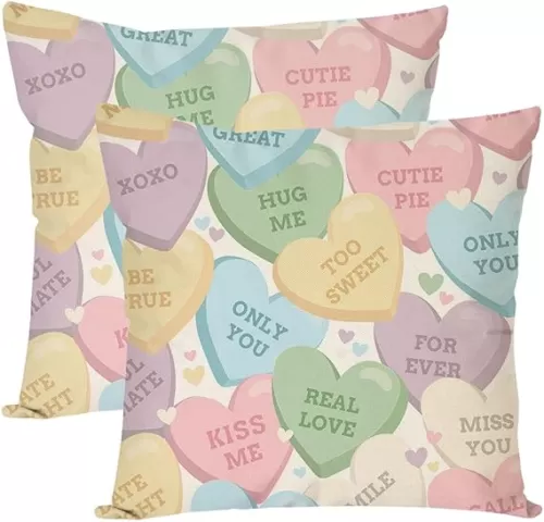 PANDICORN Valentines Pillow Covers 18X18 Inch Set of 2 Conversation Heart Colorful Valentines Day Decorations Outdoor Farmhouse Candy Heart Decorative Throw Pillow Cases for Home Couch Party Decor
